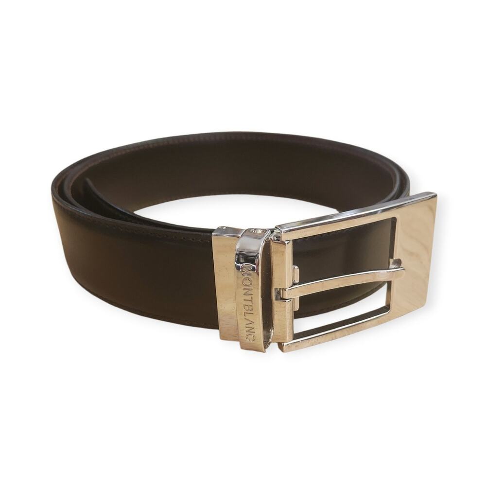 Montblanc Reversible Brown Black Leather Silver Buckle Belt Size Adjustable